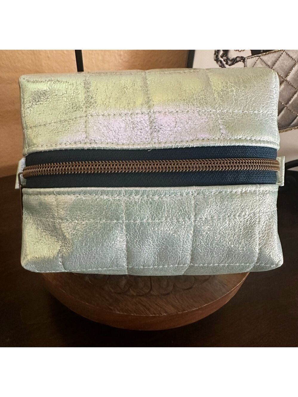 Cosmetic Pouch- Quilted Sea Green Vinyl and Colorful Cotton Interior Handcrafted - Picture 3 of 4